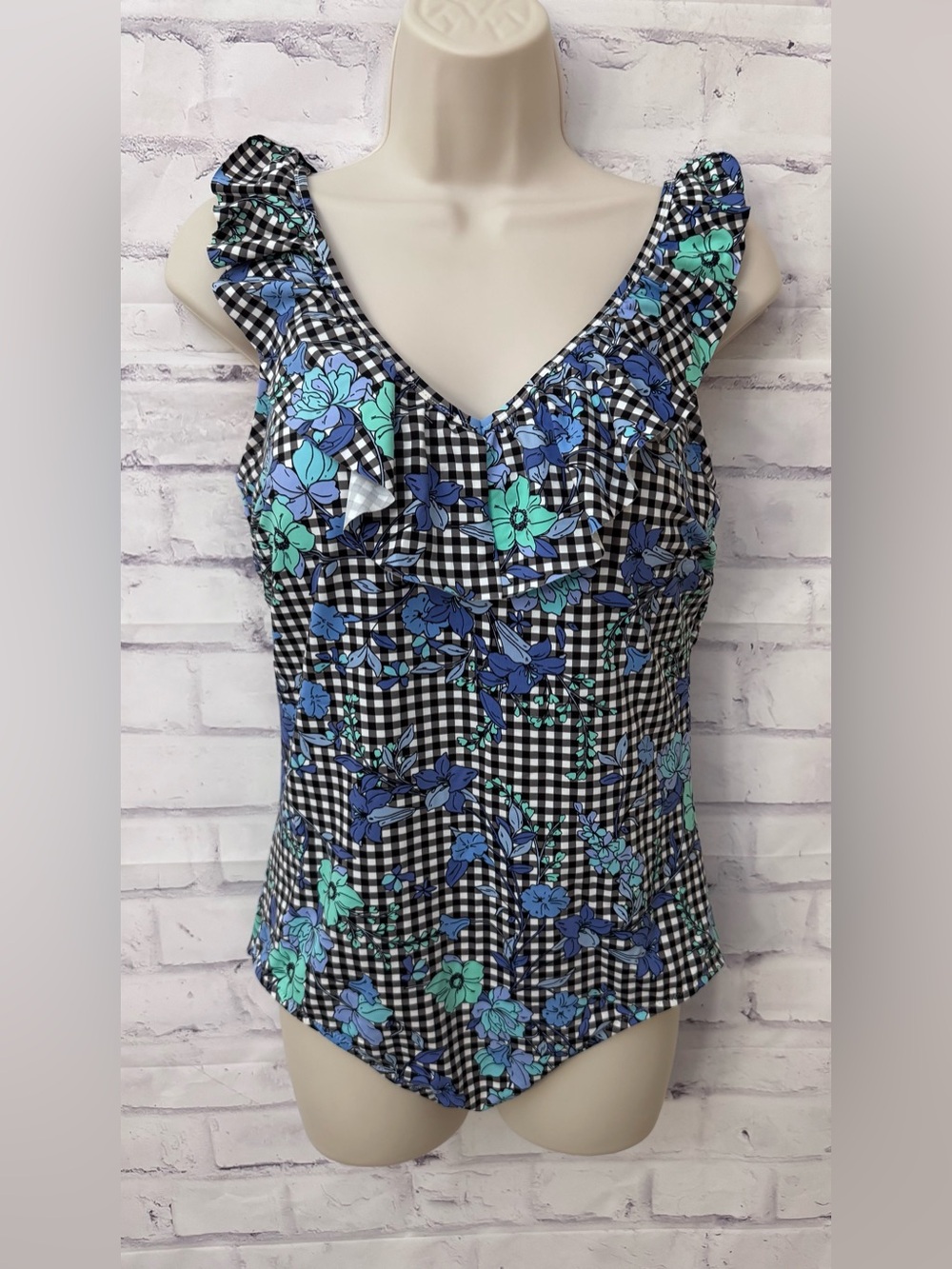 Lands’ End 12L One Piece Swimsuit Floral Gingham Ruffle Lined Slimming V Neck